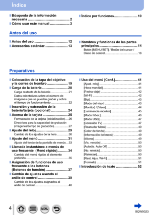 Page 44SQW0023
Índice
 ■Búsqueda de la información 
necesaria ............................................. 2
 ■Cómo usar este manual ....... .............. 3
 ■Antes del uso .................................... 12
 ■Accesorios estándar ........ ................. 13
Antes del uso
 ■Nombres y funciones de las partes 
principales
 ....... .................................. 14
Botón [MENU/SET] / Botón del cursor / 
Disco de control .................
........................ 18
Preparativos
 ■Colocación de la tapa...