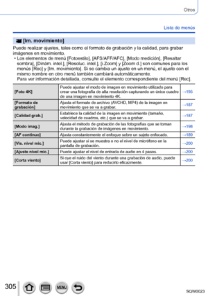 Page 305305SQW0023
Otros
Lista de menús
 [Im. movimiento]
Puede realizar ajustes, tales como el formato de grabación y la calidad, para grabar 
imágenes en movimiento.
 • Los elementos de menú [Fotoestilo
], [AFS/AFF/AFC], [Modo medición], [Resaltar 
sombra], [Dinám. intel.], [Resoluc. intel.], [i.Zoom] y [Zoom d.] son comunes para los 
menús [Rec] y [Im. movimiento]. Si se cambia un ajuste en un menú, el ajuste con el 
mismo nombre en otro menú también cambiará automáticamente. 
Para ver información detallada,...