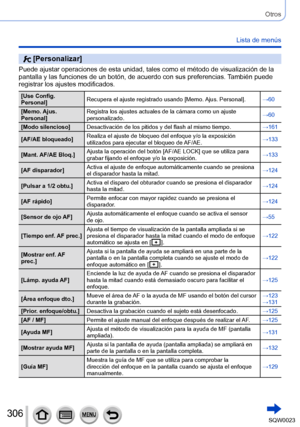 Page 306306SQW0023
Otros
Lista de menús
 [Personalizar]
Puede ajustar operaciones de esta unidad, tales como el método de visualización de la 
pantalla y las funciones de un botón, de acuerdo con sus preferencias. También puede 
registrar los ajustes modificados.
[Use Config. 
Personal] Recupera el ajuste registrado usando [Memo. Ajus. Personal].
→60
[Memo. Ajus. 
Personal] Registra los ajustes actuales de la cámara como un ajuste 
personalizado.
→60
[Modo silencioso] Desactivación de los pitidos y del flash al...