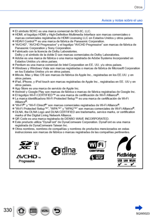 Page 330330SQW0023
Otros
Avisos y notas sobre el uso
 ●El símbolo SDXC es una marca comercial de SD-3C, LLC. ●HDMI, el logotipo HDMI y High-Definition Multimedia Interface son marcas comerciales o 
marcas comerciales registradas de HDMI Licensing LLC en Estados Unidos y otros países.
 ●HDAVI Control™ es una marca de fábrica de Panasonic Corporation. ●“AVCHD”, “AVCHD Progressive” y el logotipo “AVCHD Progressive” son marcas de fábrica de 
Panasonic Corporation y Sony Corporation.
 ●Fabricado con la licencia de...