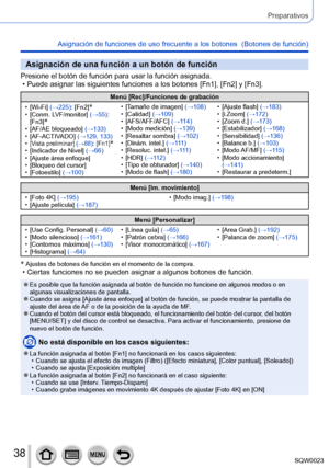 Page 3838SQW0023
Preparativos
Asignación de funciones de uso frecuente a los botones  (Botones de función)
Asignación de una función a un botón de función
Presione el botón de función para usar la función asignada. • Puede asignar las siguientes funciones a los botones [Fn1], [Fn2] y [Fn3].
Menú [Rec]/Funciones de grabación
 • [

Wi-Fi] (→225): [Fn2]
* • [Conm. LVF/monitor] (→55):  [Fn3]* • [AF/AE bloqueado] (→133) • [ AF-ACTIVADO] (→129, 133)
 •[Vista preliminar] (→88): [Fn1]* • [Indicador de Nivel] (→66) •...