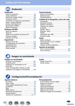 Page 1010SQW0023
Índice por funciones
GrabaciónModo de grabación .......................................59
[Vista preliminar]  ........ ................................... 88
Efectos de imagen (Filtro)
 ........

....................89
Grabación macro
 ........

................................126
Grabación de imágenes panorámicas
 ........ 150
[

Interv. Tiempo-Disparo]  
........
 .....................153
[Anima. Movimiento D.]
 
........
 ......................156
[Exposición multiple]
 
...........