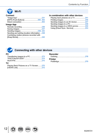 Page 1212
Contents by Function
PC
Transferring images to a PC  .......................273
“PHOTOfunSTUDIO”  ........ ..........................274
SILKYPIX
  .................................................... 275
TVPlaying Back Pictures on a TV Screen .......270
[ VIERA Link]  ........ ....................................... 272
Connecting with other devices
RecorderDubbing ...................................................... 278
PrinterPictBridge ................................................... 279...