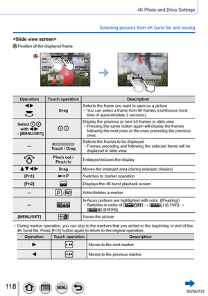 Page 11811 8
4K Photo and Drive Settings
Selecting pictures from 4K burst file and saving

Position of the displayed frame
Operation Touch operationDescription
 DragSelects the frame you want to save as a picture • Y
ou can select a frame from 60 frames (continuous burst 
time of approximately 2 seconds).
Select   
with    
→ [MENU/SET] 
Display the previous or next 45 frames in slide view • Pressing the same button again will display the frames  following the next ones or the ones preceding the previous 
ones....