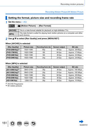 Page 151151
Recording motion pictures
Recording Motion Picture/4K Motion Picture
Setting the format, picture size and recording frame rate
1Set the menu (→42)
 →  [Motion Picture] → [Rec Format]
[AVCHD]This is a data format suitable for playback on high-definition TVs.
[MP4] This data format is suited for playing back motion pictures on a compute\
r and other 
such devices.
2Use   to select [Rec Quality] and press [MENU/SET]
When [AVCHD] is selected
[Rec Quality] Picture sizeRecording frame rateSensor output Bit...