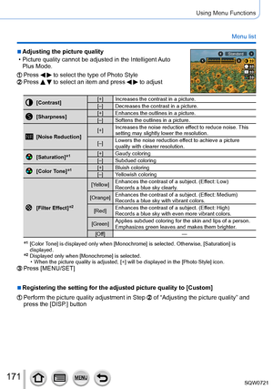 Page 171171
Using Menu Functions
Menu list
 ■Adjusting the picture quality
 • Picture quality cannot be adjusted in the Intelligent 
Auto 
Plus Mode.Standard
Press   to select the type of Photo StylePress   to select an item and press   to adjust
[Contrast] [+] Increases the contrast in a picture.
[–] Decreases the contrast in a picture.
[Sharpness] [+] Enhances the outlines in a picture.
[–] Softens the outlines in a picture.
[Noise Reduction] [+]
Increases the noise reduction effect to reduce noise. This...