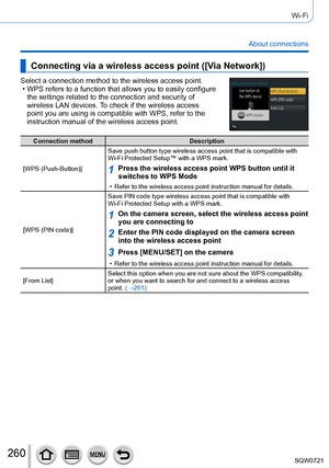 Page 260260
Wi-Fi
About connections
Connecting via a wireless access point ([Via Network])
Select a connection method to the wireless access point. • WPS refers to a function that allows you to easily configure the settings related to the connection and security of 
wireless LAN devices. 
To check if the wireless access 
point you are using is compatible with WPS, refer to the 
instruction manual of the wireless access point.
Connection method Description
[WPS (Push-Button)] Save push button type wireless access...