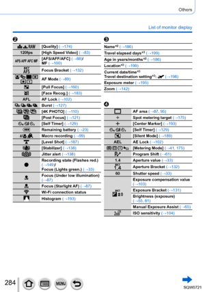 Page 284284
Others
List of monitor display
  [Quality] (→174)
120fps [High Speed Video] (→83)
AFS AFF AFC MF[AFS/AFF/AFC] (→88)/ 
MF (→100)
Focus Bracket (→132)
     AF Mode (→89)
[Pull Focus] (→160)
[Face Recog.] (→183)
AFL AF Lock (→102)
   Burst (→127)
  [4K PHOTO] (→11 0 )
[Post Focus] (→121)
  [Self Timer] (→129)
Remaining battery (→23)
 Macro recording (→99)
[Level Shot] (→187)
[Stabilizer] (→138)
Jitter alert (→138)
Recording state (Flashes red.) 
(→149)/
Focus (Lights green.)  (→33)
Focus (Under low...