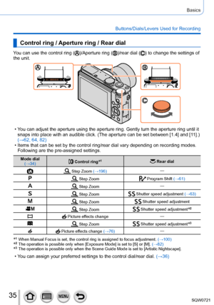 Page 3535
Basics
Buttons/Dials/Levers Used for Recording
Control ring / Aperture ring / Rear dial
You can use the control ring ()/Aperture ring ()/rear dial () to change the settings of 
the unit.
 • You can adjust the aperture using the aperture ring. Gently turn the aper\
ture ring until it  snaps into place with an audible click. (The aperture can be set betwee\
n [1.4] and [11].) 
(→62, 64, 82)
 • Items that can be set by the control ring/rear dial vary depending on re\
cording modes. Following are the...