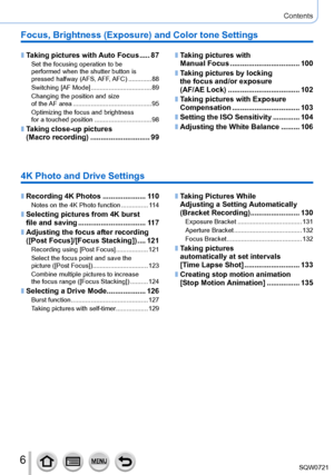 Page 66
Contents
Focus, Brightness (Exposure) and Color tone Settings
 ■Taking pictures with Auto Focus .....87Set the focusing operation to be  
performed when the shutter button is 
pressed  halfway  (AFS, AFF, AFC)
  .............88
Switching [AF Mode]
  .................................. 89
Changing the position and size  
of the AF area
  ............................................ 95
Optimizing the focus and brightness  
for a touched position
 ....

............................98
 ■Taking close-up...