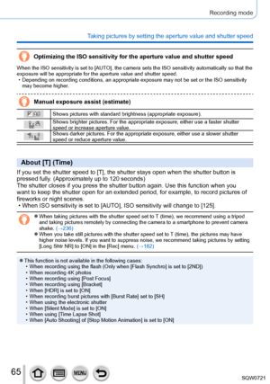 Page 6565
Recording mode
Taking pictures by setting the aperture value and shutter speed
Optimizing the ISO sensitivity for the aperture value and shutter speed
When the ISO sensitivity is set to [AUTO], the camera sets the ISO sensitivity automatically so that the 
exposure will be appropriate for the aperture value and shutter speed.
 • Depending on recording conditions, an appropriate exposure may not be se\
t or the ISO sensitivity may become higher

.
Manual exposure assist (estimate)
Shows pictures with...