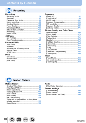 Page 1010
Contents by Function
RecordingRecording mode ........................................... 34
[Preview]   ....................................................... 66
Panorama Shot Mode
 

................................... 69
Macro recording
 

............................................ 99
Aperture Bracket
  ......................................... 132
Focus Bracket
  ............................................. 132
[Time Lapse Shot]
  ....................................... 133
[Stop  Motion...