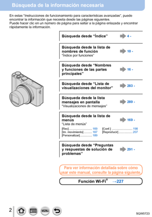 Page 22
Búsqueda de la información necesaria
En estas “Instrucciones de funcionamiento para características ava\
nzadas”, puede 
encontrar la información que necesita desde las páginas siguientes\
.
Puede hacer clic en un número de página para saltar a la página\
 enlazada y encontrar 
rápidamente la información.
Búsqueda desde “Índice”4 -
Búsqueda desde la lista de 
nombres de función
“Índice por funciones”10 -
Búsqueda desde “Nombres 
y funciones de las partes 
principales”16 -
Búsqueda desde “Lista de...