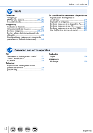 Page 1212
Índice por funciones
PC
Transferencia de imágenes a una PC ........ 273
“PHOT OfunSTUDIO” ................................. .274
SILKYPIX
 .........

........................................... 275
TelevisorReproducción de imágenes en una  
pantalla de televisor . .........
.........................270
[VIERA link]
 .........

........................................ 272
Conexión con otros aparatos
GrabadorCopia .......................................................... 278
ImpresoraPictBridge...