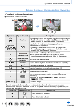 Page 11811 8
Ajustes de accionamiento y foto 4K
Selección de imágenes del archivo de ráfaga 4K y guardado

Posición del cuadro visualizado
Operación Operación táctilDescripción
 ArrastrarSelecciona el cuadro que se desea guardar como una imagen • Puede seleccionar un cuadro entre 60 cuadros (tiempo de 
ráfaga continua de aproximadamente 2 segundos).
Seleccione    con    
→ [MENU/SET] 
Muestra los 45 cuadros anteriores o posteriores en 
presentación de diapositivas
 • Si vuelve a presionar el mismo botón, se...