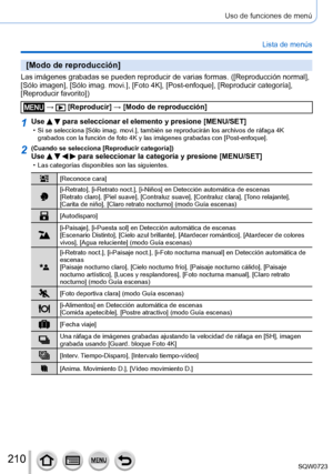 Page 210210
Uso de funciones de menú
Lista de menús
[Modo de reproducción]
Las imágenes grabadas se pueden reproducir de varias formas. ([Reproducción normal], 
[Sólo imagen], [Sólo imag. movi.], [Foto 4K], [Post-enfoque], [Reproducir categoría], 
[Reproducir favorito ])
 →  [Reproducir] → [Modo de reproducción]
1Use   para seleccionar el elemento y presione [MENU/SET] • Si se selecciona [Sólo imag. movi.], también se reproducirán los archivos de ráfaga 4K 
grabados con la función de foto 4K y las imágenes...