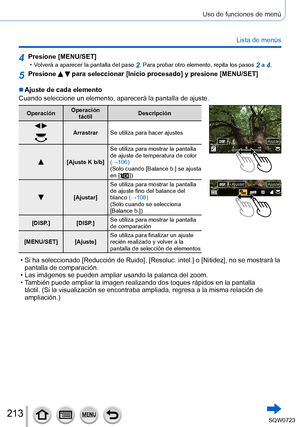 Page 213213
Uso de funciones de menú
Lista de menús
4Presione [MENU/SET] • Volverá a aparecer la pantalla del paso 2. Para probar otro elemento, repita los pasos 2 a 4.
5Presione   para seleccionar [Inicio procesado] y presione [MENU/SET]
 ■Ajuste de cada elemento
Cuando seleccione un elemento, aparecerá la pantalla de ajuste.
Operación Operación 
táctil Descripción
 Arrastrar
Se utiliza para hacer ajustes
[Ajuste K b/b] Se utiliza para mostrar la pantalla 
de ajuste de temperatura de color 
(→106)
(Solo cuando...