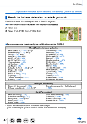 Page 4747
Lo básico
Asignación de funciones de uso frecuente a los botones  (botones de función) 
Uso de los botones de función durante la grabación
Presione el botón de función para usar la función asignada.
 ■Uso de los botones de función con operaciones táctiles
Toque [  ]
Toque [Fn4], [Fn5], [Fn6], [Fn7] o [Fn8]
 ■Funciones que se pueden asignar en [Ajuste en modo GRAB.]
Menú [Rec]/funciones de grabación
 • [Modo de foto 4K] 

(→11 0 ): [Fn1]
* • [Post-enfoque] (→121): [Fn2]* • [Wi-Fi] (→228): [Fn4]* •...