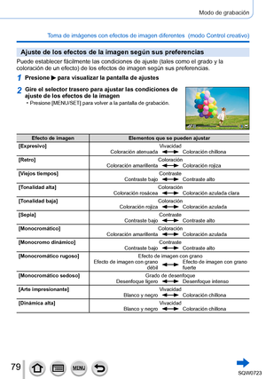 Page 7979
Modo de grabación
Toma de imágenes con efectos de imagen diferentes  (modo Control creativo) 
Ajuste de los efectos de la imagen según sus preferencias
Puede establecer fácilmente las condiciones de ajuste (tales como el\
 grado y la 
coloración de un efecto) de los efectos de imagen según sus preferencias.
1Presione  para visualizar la pantalla de ajustes
2Gire el selector trasero para ajustar las condiciones de 
ajuste de los efectos de la imagen
 • Presione [MENU/SET] para volver a la pantalla de...