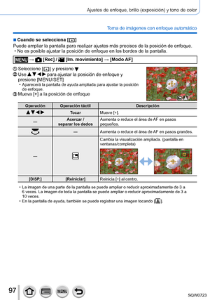 Page 9797
Ajustes de enfoque, brillo (exposición) y tono de color
Toma de imágenes con enfoque automático
 ■Cuando se selecciona [  ]
Puede ampliar la pantalla para realizar ajustes más precisos de la po\
sición de enfoque.
 • No es posible ajustar la posición de enfoque en los bordes de la pant\
alla.
 →  [Rec] /  [Im. movimiento ] → [Modo AF]
Seleccione [  ] y presione Use     para ajustar la posición de enfoque y 
presione [MENU/SET]
 • Aparecerá la pantalla de ayuda ampliada para ajustar la posición 
de...