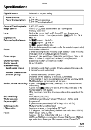 Page 123Others
123VQT0S19
Specifications
Digital Camera:Information for your safety
Power Source:DC 5.1 V
Power Consumption:2.1 W (When recording)
1.0 W (When playing back)
Camera Effective pixels:8,400,000 pixels
Image sensor:1/1.65″ CCD, total pixel number 8,610,000 pixels
Primary color filter
Lens:Optical 4× zoom, f=6.3 to 25.2 mm [35 mm film camera 
equivalent: 28 to 112 mm (aspect ratio [
j])]/F2.8 to F4.9
Digital zoom:Max. 4×
Extended optical zoom:In [
j] aspect : Up to 5×
In [ ] aspect : Up to 5.1×
In [...