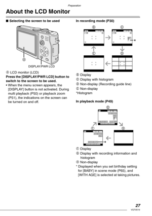 Page 27Preparation
27VQT0S19
About the LCD Monitor
nSelecting the screen to be used
A LCD monitor (LCD)
Press the [DISPLAY/PWR LCD] button to 
switch to the screen to be used.
• When the menu screen appears, the 
[DISPLAY] button is not activated. During 
multi playback (P50) or playback zoom 
(P51), the indications on the screen can 
be turned on and off.In recording mode (P30)B Display
C Display with histogram
D Non-display (Recording guide line)
E Non-display
*Histogram
In playback mode (P49)
F Display
G...