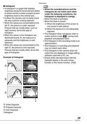 Page 29Preparation
29VQT0S19
nHistogram
• A histogram is a graph that displays 
brightness along the horizontal axis (black 
to white) and the number of pixels at each 
brightness level on the vertical axis.
• It allows the camera user to easily check 
the way a picture is being exposed.
• When the values are concentrated to the 
left 
A, the picture is under exposed. 
Pictures that are mostly black, such as 
night scenery, forms this type of 
histogram.
• When the values in the histogram are 
distributed...