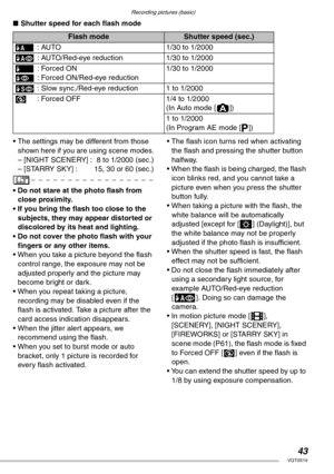 Page 43Recording pictures (basic)
43VQT0S19
nShutter speed for each flash mode
• The settings may be different from those 
shown here if you are using scene modes.
– [NIGHT SCENERY] :  8 to 1/2000 (sec.)
– [STARRY SKY] :  15, 30 or 60 (sec.)
• Do not stare at the photo flash from 
close proximity.
• If you bring the flash too close to the 
subjects, they may appear distorted or 
discolored by its heat and lighting.
• Do not cover the photo flash with your 
fingers or any other items.
• When you take a picture...