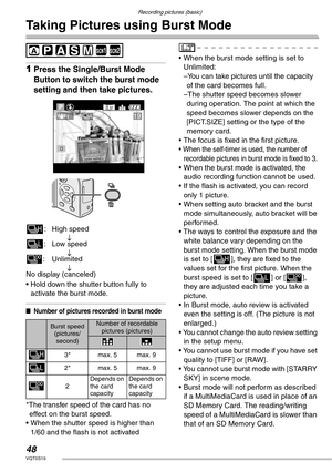 Page 48Recording pictures (basic)
48VQT0S19
Taking Pictures using Burst Mode
 
1Press the Single/Burst Mode 
Button to switch the burst mode 
setting and then take pictures.
• Hold down the shutter button fully to 
activate the burst mode.
nNumber of pictures recorded in burst mode
*The transfer speed of the card has no 
effect on the burst speed.
• When the shutter speed is higher than 
1/60 and the flash is not activated• When the burst mode setting is set to 
Unlimited:
–You can take pictures until the...