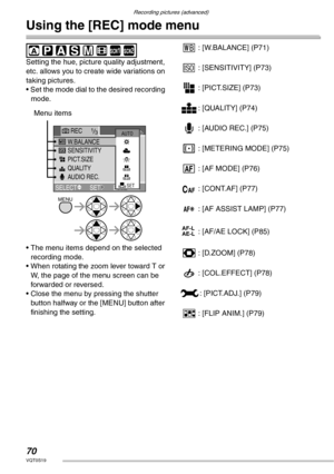 Page 70Recording pictures (advanced)
70VQT0S19
Using the [REC] mode menu
 
Setting the hue, picture quality adjustment, 
etc. allows you to create wide variations on 
taking pictures.
• Set the mode dial to the desired recording 
mode.
• The menu items depend on the selected 
recording mode.
• When rotating the zoom lever toward T or 
W, the page of the menu screen can be 
forwarded or reversed.
• Close the menu by pressing the shutter 
button halfway or the [MENU] button after 
finishing the setting.K:...