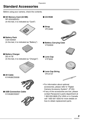 Page 99VQT0S19
Preparation
Standard Accessories
Before using your camera, check the contents.
nSD Memory Card (32 MB)
RP-SD032BVE0
(In the text, it is indicated as “Card”)
nBattery Pack
CGA-S005A
(In the text, it is indicated as “Battery”)
nBattery Charger
DE-A11B
(In the text, it is indicated as “Charger”)
nAV  C a b l e
K1HA08CD0008
nUSB Connection Cable
K1HA08CD0007nCD-ROM
nStrap
VFC4082
nBattery Carrying Case
VYQ3509
nLens Cap
VYF3055
nLens Cap String
VFC4137
• For information about optional 
accessories,...