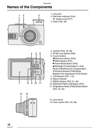 Page 10Preparation
10VQT0S19
Names of the Components
1 Lens part
2 Self-timer Indicator (P44)
AF Assist Lamp (P77)
3 Flash (P32, 40)
4 Joystick (P34, 49, 83)
5 AF/AE Lock Button (P85)
6 Cursor buttons
w/Self-timer Button (P44)
r/[REV] Button (P37)
q/Flash Mode Button (P40)
e/Backlight Compensation in Auto 
Mode (P36)/Exposure Compensation 
(P45)/Auto Bracket (P46)/White 
Balance Fine Adjustment (P72) Button
7 LCD Monitor (P27, 112)
8 Status Indicator
9 [MENU] Button (P23, 61, 90)
10 [DISPLAY/PWR LCD] Button...