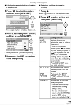 Page 111Connecting to other equipment
111VQT0Y44
nPrinting the selected picture (making 
a single print)
1Press w/q to select the picture 
and then press [MENU/SET].
• A message displays for about 2 seconds.
2Press e to select [PRINT START] 
and then press [MENU/SET].
• Press [MENU/SET] to cancel printing.
3Disconnect the USB connection 
cable after printing.
nSelecting multiple pictures for 
printing
1Press e.
Press [A] to return to the original screen.
2Press e/r to select an item and 
then press [MENU/SET]....