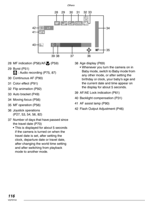 Page 116Others
116VQT0Y44
28 MF indication (P56)/AFw (P59)
29 Burst (P51)
I : Audio recording (P75, 87)
30 Continuous AF (P90)
31 Color effect (P91)
32 Flip animation (P92)
33 Auto bracket (P49)
34 Moving focus (P56)
35 MF operation (P56)
36 Joystick operations 
(P27, 53, 54, 56, 82)
37 Number of days that have passed since 
the travel date (P70)
• This is displayed for about 5 seconds 
if the camera is turned on when the 
travel date is set, after setting the 
clock, departure date or travel date, 
after...