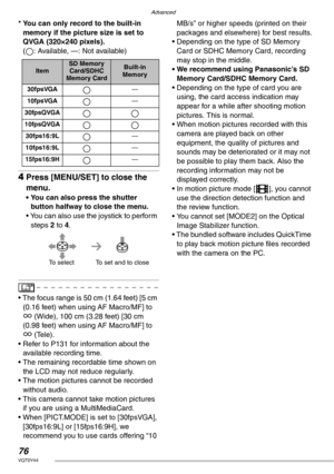 Page 76Advanced
76VQT0Y44
* You can only record to the built-in 
memory if the picture size is set to 
QVGA (320×240 pixels).
( : Available, —: Not available)
4Press [MENU/SET] to close the 
menu.
• You can also press the shutter 
button halfway to close the menu.
• You can also use the joystick to perform 
steps 2 to 4.
 
• The focus range is 50 cm (1.64 feet) [5 cm 
(0.16 feet) when using AF Macro/MF] to 
Z (Wide), 100 cm (3.28 feet) [30 cm 
(0.98 feet) when using AF Macro/MF] to 
Z (Tele).
• Refer to P131...