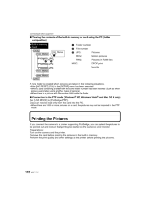 Page 112VQT1T27112
Connecting to other equipment
∫Viewing the contents of the built-in memory or card using the PC (folder 
composition)
A new folder is created when pictures  are taken in the following situations.

After [NO.RESET]  (P26) in the [SETUP] menu has been executedWhen a card containing a folder with the same folder number has been inserted (Such as when 
pictures were taken using another make of camera)
When there is a picture with file number 999 inside the folder
∫Connection in the PTP mode...