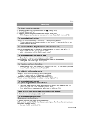 Page 135135VQT1T27
Others
Is the [REC]/[PLAYBACK] selector switch at the [!] setting?  (P29)Is the mode dial correctly set?Is there any memory remaining on the built-in memory or the card?
> Delete the pictures which are not necessary to increase the available memory. (P42)
The picture can become whitish if there is dirt e.g. fingerprints on the lens.
> If the lens is dirty, turn on the camera, eject the lens barrel  (P11) and gently wipe the lens 
surface with a soft dry cloth.
Was this picture taken with the...