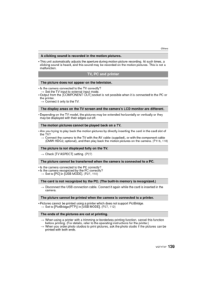 Page 139139VQT1T27
Others
This unit automatically adjusts the aperture during motion picture recording. At such times, a 
clicking sound is heard, and this sound may be recorded on the motion pictures. This is not a 
malfunction.
Is the camera connected to the TV correctly?> Set the TV input to external input mode.
Output from the  [COMPONENT OUT] socket is not possible when it is connected to the PC or 
the printer.
> Connect it only to the TV.
Depending on the TV model, the pictures may be extended...