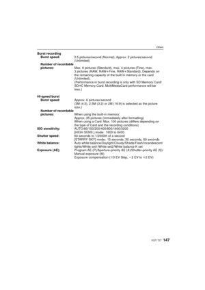 Page 147147VQT1T27
Others
Burst recordingBurst speed:2.5 pictures/second (Normal), Approx. 2 pictures/second 
(Unlimited)
Number of recordable 
pictures: Max. 8 pictures (Standard), max. 4 pictures (Fine), max. 
3 pictures (RAW, RAWiFine, RAW iStandard), Depends on 
the remaining capacity of the built-in memory or the card 
(Unlimited).
(Performance in burst recording is only with SD Memory Card/
SDHC Memory Card. MultiMediaCard performance will be 
less.)
Hi-speed burst Burst speed: Approx. 6 pictures/second...