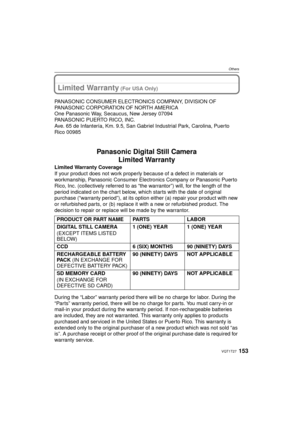 Page 153153VQT1T27
Others
Limited Warranty (For USA Only)
PANASONIC CONSUMER ELECTRONICS COMPANY, DIVISION OF 
PANASONIC CORPORATION OF NORTH AMERICA
One Panasonic Way, Secaucus, New Jersey 07094
PANASONIC PUERTO RICO, INC.
Ave. 65 de Infantería, Km. 9.5, San Gabriel Industrial Park, Carolina, Puerto 
Rico 00985
Panasonic Digital Still Camera Limited Warranty
Limited Warranty Coverage
If your product does not work properly because of a defect in materials or 
workmanship, Panasonic Consumer Electronics Company...