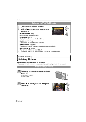 Page 42VQT1T2742
Basic
[PLAYBACK] mode: ¸
Deleting Pictures
Once deleted, pictures cannot be recovered. 
Pictures on the built-in memory or the card, which is being played back will be deleted. 
Switching the [PLAYBACK] mode
1 Press [MENU/SET] during playback.
2 Press 1.
3 Press  3/4  to select the item and then press 
[MENU/SET].
[NORMAL PLAY]  (P40)
All the pictures are played back.
[DUAL PLAY]  (P91)
Playing Back Pictures on the Dual Display 
[SLIDE SHOW]  (P92)
The pictures are played back in sequence....