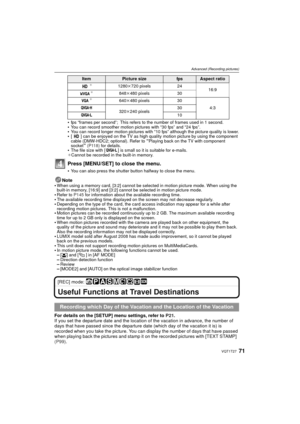 Page 7171VQT1T27
Advanced (Recording pictures)
fps “frames per second”; This refers to the number of frames used in 1 second.You can record smoother motion pictures with “30 fps” and “24 fps”.You can record longer motion pictures with “10 fps” although the picture quality is lower.[ ] can be enjoyed on the TV as high quality motion picture by using the component 
cable (DMW-HDC2; optional). Refer to “Playing back on the TV with component  
socket”  (P118) for details.The file size with [ ] is small  so it is...