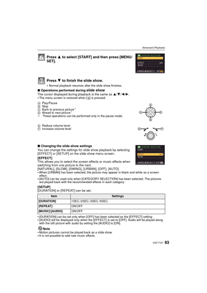 Page 9393VQT1T27
Advanced (Playback)
∫Operations performed during slide showThe cursor displayed during playback is the same as 3 /4 /2 /1.
The menu screen is restored when [‚ ] is pressed.
∫Changing the slide show settings
You can change the settings for slide show playback by selecting 
[EFFECT] or [SETUP] on the slide show menu screen.
[EFFECT]
This allows you to select the screen effects or music effects when 
switching from one picture to the next.
[NATURAL], [SLOW], [SWING], [URBAN], [OFF], [AUTO]

When...