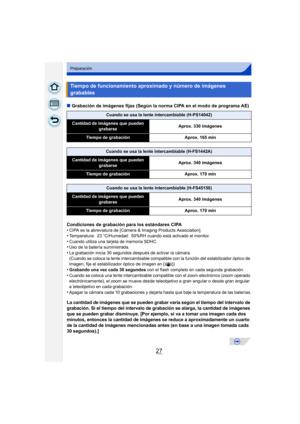 Page 2727
Preparación
∫Grabación de imágenes fijas (Según la norma CIPA en el modo de programa AE)
Condiciones de grabación para los estándares CIPA
•
CIPA es la abreviatura de [Camera & Imaging Products Association].•Temperatura: 23 oC/Humedad: 50%RH cuando está activado el monitor.•Cuando utiliza una tarjeta de memoria SDHC.•Uso de la batería suministrada.•La grabación inicia 30 segundos después de activar la cámara.
(Cuando se coloca la lente intercambiable compatible con la función del estabilizador óptico...