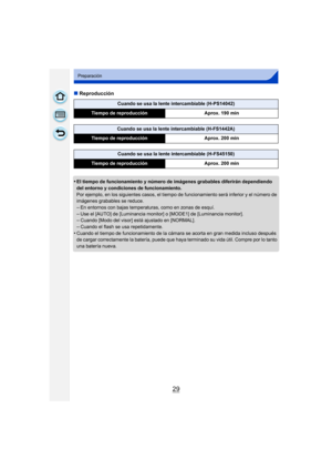 Page 2929
Preparación
∫Reproducción
•
El tiempo de funcionamiento y número de imágenes grabables diferirán dependiendo 
del entorno y condiciones de funcionamiento.
Por ejemplo, en los siguientes casos, el tiempo  de funcionamiento será inferior y el número de 
imágenes grabables se reduce.
–En entornos con bajas temperaturas, como en zonas de esquí.
–Use el [AUTO] de [Luminancia monitor] o [MODE1] de [Luminancia monitor].–Cuando [Modo del visor] está ajustado en [NORMAL].–Cuando el flash se usa repetidamente....