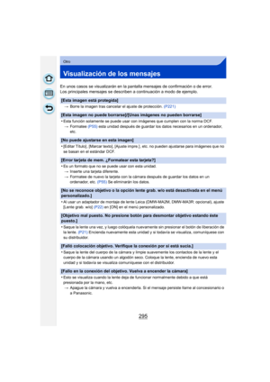 Page 295295
Otro
Visualización de los mensajes
En unos casos se visualizarán en la pantalla mensajes de confirmación o de error.
Los principales mensajes se describen a continuación a modo de ejemplo.
[Esta imagen está protegida]
>Borre la imagen tras cancelar el ajuste de protección.  (P221)
[Esta imagen no puede borrarse]/[Unas imágenes no pueden borrarse]
•
Esta función solamente se puede usar con imágenes que cumplen con la norma DCF.
> Formatee  (P55) esta unidad después de guardar los datos necesarios en...