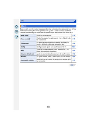 Page 305305
Otro
Este menú le permite realizar los ajustes del reloj, seleccionar los ajustes del tono del bip 
de funcionamiento y fijar otros ajustes que le ayudan a hacer funcionar la cámara.
También puede configurar los ajustes de las funciones relacionadas con la red Wi-Fi.
[Conf.]
[Ajust. reloj]Ajuste de la fecha/hora.P36
[Hora mundial]Fija las horas para la región donde vive y el destino de 
las vacaciones.P48
[Fecha viaje]La fecha de partida y fecha de retorno del viaje y el 
nombre del destino del viaje...
