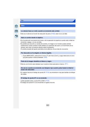 Page 323323
Otro
•Este es el ruido de la función de reducción de polvo (P326); esto no es una falla.
•Es el sonido del movimiento de la lente o de la operación de apertura cuando esta unidad se 
enciende o apaga, y no es una falla.
•Es posible que escuche un sonido de la lente y la imagen en el monitor puede cambiar 
súbitamente cuando cambie el brillo debido a la operación del zoom o el movimiento de la 
cámara, pero esto no produce efectos sobre la grabación.
El sonido procede del ajuste automático de la...