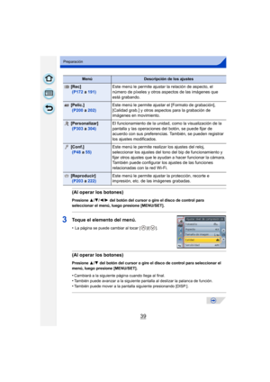 Page 3939
Preparación
MenúDescripción de los ajustes
[Rec]
 (P172 a  191) Este menú le permite ajustar la relación de aspecto, el 
número de píxeles y otros aspectos de las imágenes que 
está grabando.
[Pelíc.]
 
(P200 a  202) Este menú le permite ajustar el [Formato de grabación], 
[Calidad grab.] y otros aspectos para la grabación de 
imágenes en movimiento.
[Personalizar]
 
(P303 a  304) El funcionamiento de la unidad, como la visualización de la 
pantalla y las operaciones del botón, se puede fijar de...