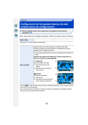 Page 4848
Preparación
Configuración de los ajustes básicos de esta 
unidad (menú de configuración)
Para los detalles sobre cómo seleccionar los ajustes de menú [Conf.], 
consulte la P38.
[Ajust. reloj] y [Ahorro] son detalles import antes. Verifique sus ajustes antes de utilizarlos.
•
Remítase a  P36 para ampliar la información.
•Toque [ ] si está usando la hora de verano. (El tiempo avanzará 1 hora.) Toque de nuevo 
para volver a la hora estándar.
•Si no puede encontrar el destino del viaje en las áreas...
